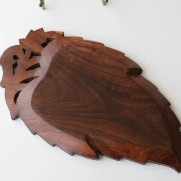 Vintage Hand Carved Wood Divided Leaf Shaped Tray - Picture 4 of 4